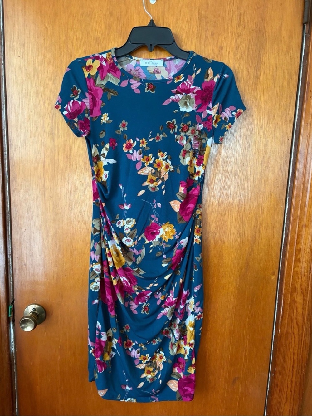 Floral Teal Sheath Maternity Dress with Short Sleeves